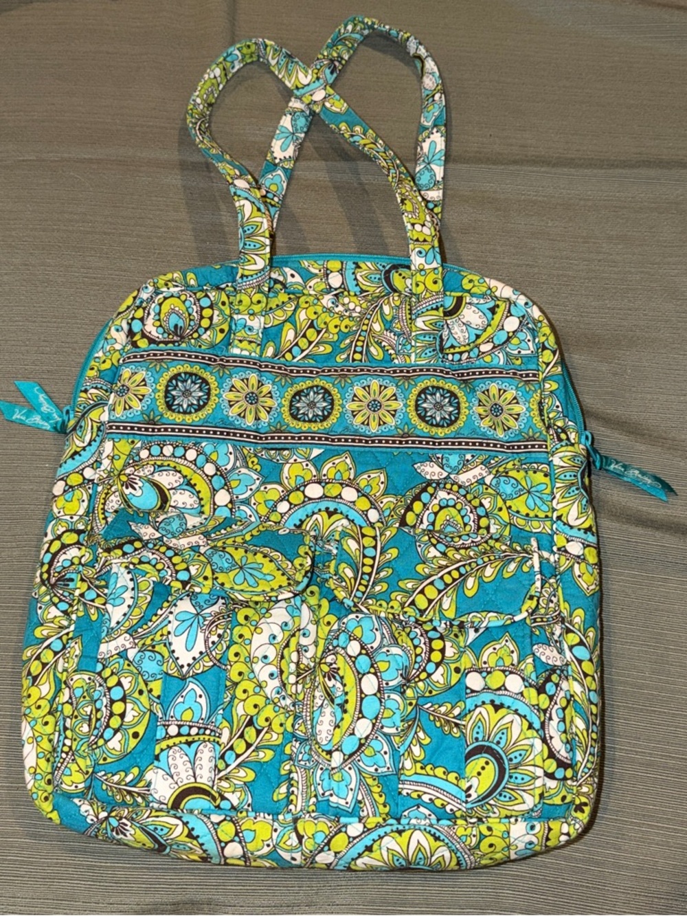 Vera Bradley Lime/Teal Peacock pattern tote w/lots of storage pockets/zippers.
